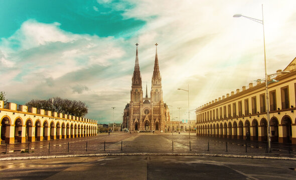 landscape with old cathedral of lujan, in argentina