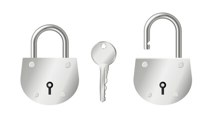 Set of realistic steel padlocks open and closed and silver key isolated on white background