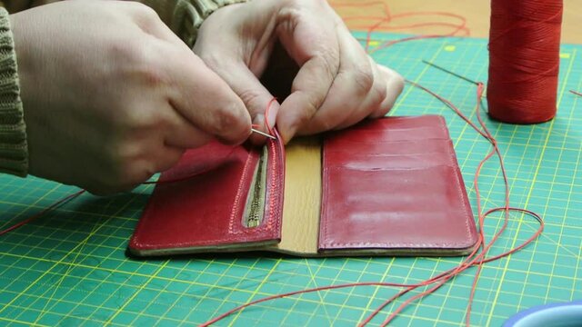 Red thread stitching leather red wallet DIY craft