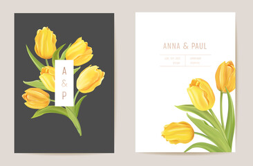 Wedding modern tulip flower Save the Date set. Vector minimal spring floral invitation card