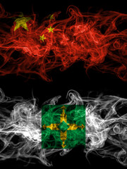 China, Chinese vs Brazil states, Distrito Federal smoky mystic flags placed side by side. Thick colored silky abstract smoke flags.