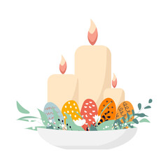 Burning candles on a stand with plant leaves, white flowers and colored eggs. Home easter decor. Vector flat illustration.
