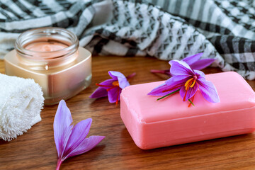 Obraz na płótnie Canvas Crocus flowers. Saffron soap and cream. The use of saffron in cosmetology. Natural cosmetic.