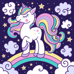 White unicorn with a rainbow mane on a dark background. Baby image. Vector
