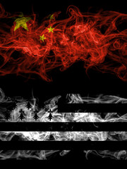 China, Chinese vs Brittany, Bretagne, Bretons smoky mystic flags placed side by side. Thick colored silky abstract smoke flags.