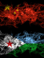 China, Chinese vs Djibouti, Djiboutian smoky mystic flags placed side by side. Thick colored silky abstract smoke flags.