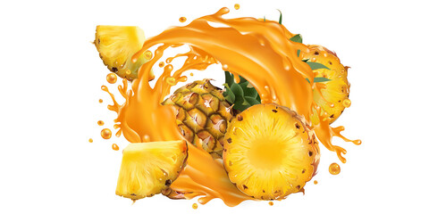Naklejka na ściany i meble Whole and sliced pineapple in a juice splash.