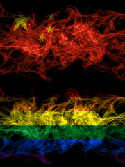 China, Chinese vs Gay, Pride smoky mystic flags placed side by side. Thick colored silky abstract smoke flags.