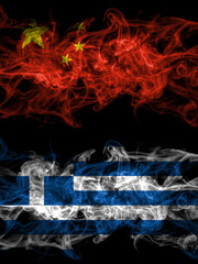 China, Chinese vs Greece, Greek smoky mystic flags placed side by side. Thick colored silky abstract smoke flags.