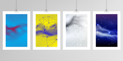 Realistic vector layouts of A4 mockup templates for brochure, flyer, cover design, book, brochure, poster. Colorful wavy particle surface background for technology or science cyber space concept.