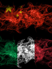 China, Chinese vs Italy, Italian smoky mystic flags placed side by side. Thick colored silky abstract smoke flags.