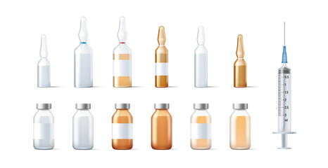 Set of glass template vials and ampules for medicines and vaccine package isolated