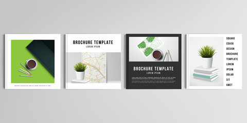 Realistic vector layouts of cover mockup design templates for square brochure, cover design, flyer, book design, magazine, poster. Home office concept, study or freelance, working from home.