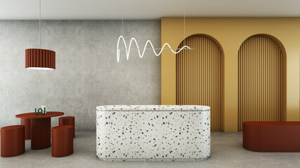 Reception design modern minimal,Waiting area dark red table dark red chair,Concrete wall,Granite stone counter reception,Back wall decoration yellow color,Concrete floors -3D render