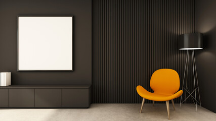 Livingroom room design modern minimal,Black frame mock up on wall,Black cabinet,Black slat wood wall,Yellow armchair,Black gloss lamp table,Concrete floors-3D render