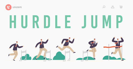 Hurdle Jump Landing Page Template. Business Man Character Running with Obstacles Competition. Businessman Jumping