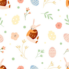 Seamless pattern with cute Easter rabbit, hand-drawn flowers, and colorful eggs
