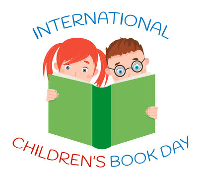 International Children's book day. Little boy and girl readinf book. Vector illustration. - Powered by Adobe