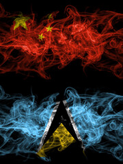 China, Chinese vs Saint Lucia smoky mystic flags placed side by side. Thick colored silky abstract smoke flags.