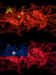 China, Chinese vs Samoa smoky mystic flags placed side by side. Thick colored silky abstract smoke flags.
