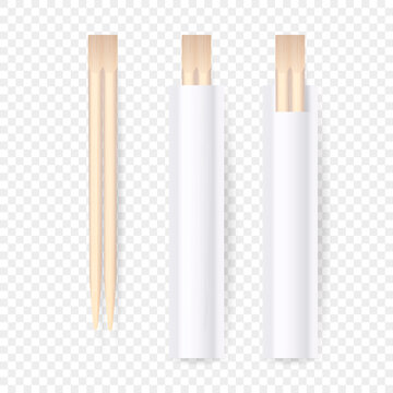 Vector 3d Realistic Wooden Chopsticks, White Blank Package Set Closeup Isolated on Transparent Background. Design Template of Food Sticks, Traditional Asian Dinnerware, Mockup. Top View