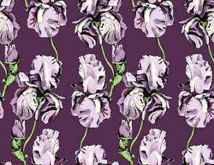 Seamless floral pattern. Lilac Iris, blue  Hydrangea flowers and buds. Textile composition, hand drawn style print. Vector illustration.