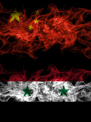 China, Chinese vs Syria, Syrian smoky mystic flags placed side by side. Thick colored silky abstract smoke flags.
