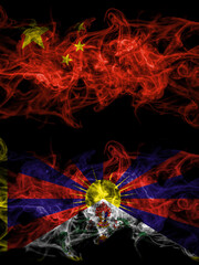 China, Chinese vs Tibet, Tibetan, China, Chinese  smoky mystic flags placed side by side. Thick colored silky abstract smoke flags.