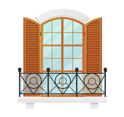 Window with Wooden Shutters and Balcony with Forged Balusters. Classic Construction Architecture Exterior Decoration
