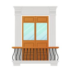 Balcony with Wooden Door and Classic Marble Pillars. Exterior Architecture with Decoration. Vintage Building Facade