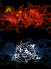 China, Chinese vs United States of America, America, US, USA, American, Charleston, South Carolina smoky mystic flags placed side by side. Thick colored silky abstract smoke flags.