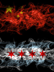 China, Chinese vs United States of America, America, US, USA, American, Chicago, Illinois smoky mystic flags placed side by side. Thick colored silky abstract smoke flags.