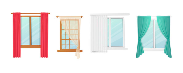 Set Windows with Curtains and Jalousie Shutters, Interior Design Elements. Plastic or Wooden Frames with Fabric Drapery