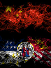 China, Chinese vs United States of America, America, US, USA, American, Detroit, Michigan smoky mystic flags placed side by side. Thick colored silky abstract smoke flags.