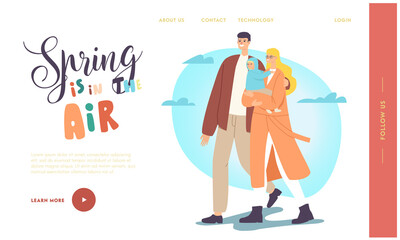 Spring in the Air Landing Page Template. Happy Family Characters Walking at Spring. Father and Mother with Baby Walk