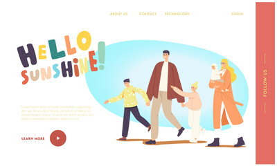 Family Walk Landing Page Template. Characters Walking at Spring Park. Father, Mother with Baby, Son and Daughter Leisure