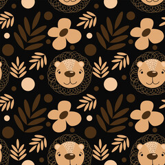 Vector seamless pattern with cute animals head on black background. Cartoon Lion face. Vector child background in Scandinavian style for fabrics, paper, textile, gift wrap 
