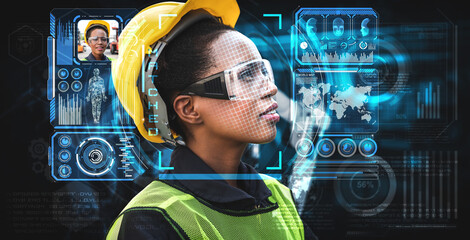 Facial recognition technology for industry worker to access machine control . Future concept interface showing digital biometric security system that analyze human face to verify personal data .