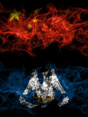 China, Chinese vs United States of America, America, US, USA, American, Louisiana smoky mystic flags placed side by side. Thick colored silky abstract smoke flags.