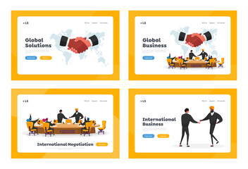 International Negotiations, Political Meeting at Round Table Landing Page Template Set. Delegates Solving World Issues - obrazy, fototapety, plakaty