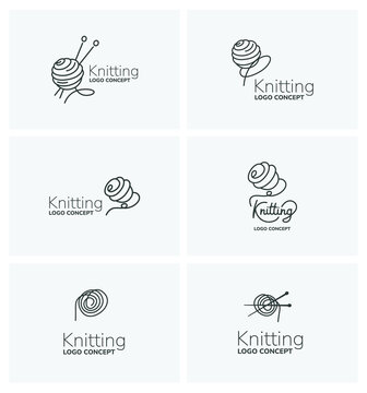 Set of six knitting logo concepts. Vector linear iconic signs with of bobbin and knitting needles.