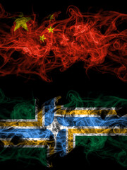 China, Chinese vs United States of America, America, US, USA, American, Portland, Oregon smoky mystic flags placed side by side. Thick colored silky abstract smoke flags.