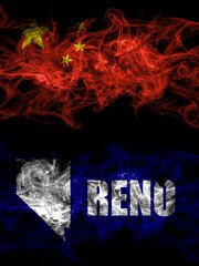 China, Chinese vs United States of America, America, US, USA, American, Reno, Nevada smoky mystic flags placed side by side. Thick colored silky abstract smoke flags.