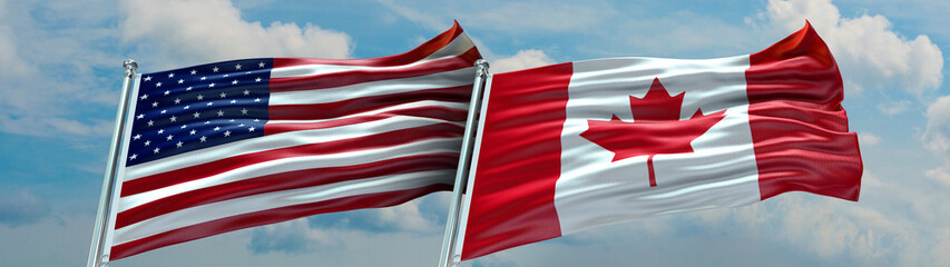 United States of America Flag and Canada flag waving with texture and Blue Sky Double flag © Flag Store