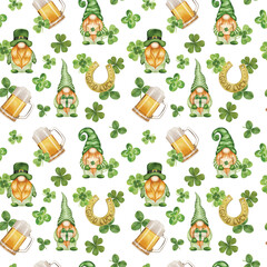 Obraz na płótnie Canvas Seamless pattern for St Patrick day with gnomes and lucky clover leaves. Watercolor cartoon dwarf repeated backdrop