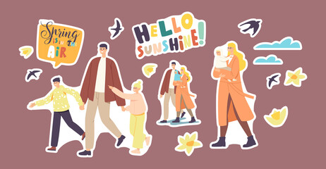 Set of Stickers Parents with Children Characters Walk at Spring Time. Father Holding Kids Hands, Mother with Baby