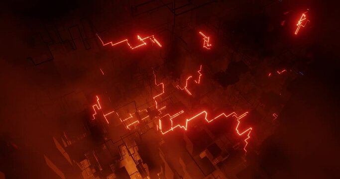 Dark web Neon Tech Digital Abstract background. circuit and data glowing, warning of hack or virus or information super highway. High speed tech hardware motion graphic. 3D render, 4K loop