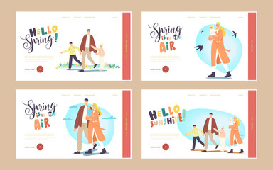 Family Walk Landing Page Template Set. Characters Walking at Spring Park. Father, Mother with Baby, Son and Daughter