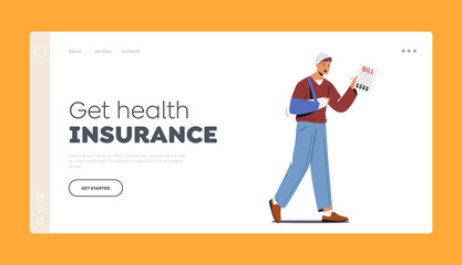 Upset Male Character Shocked with Medicine Service High Price Landing Page Template. Injured Man with Bandaged Hand