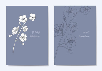 Floral minimalist trendy wedding invitation card cherry blossom template design. Modern engraving art.